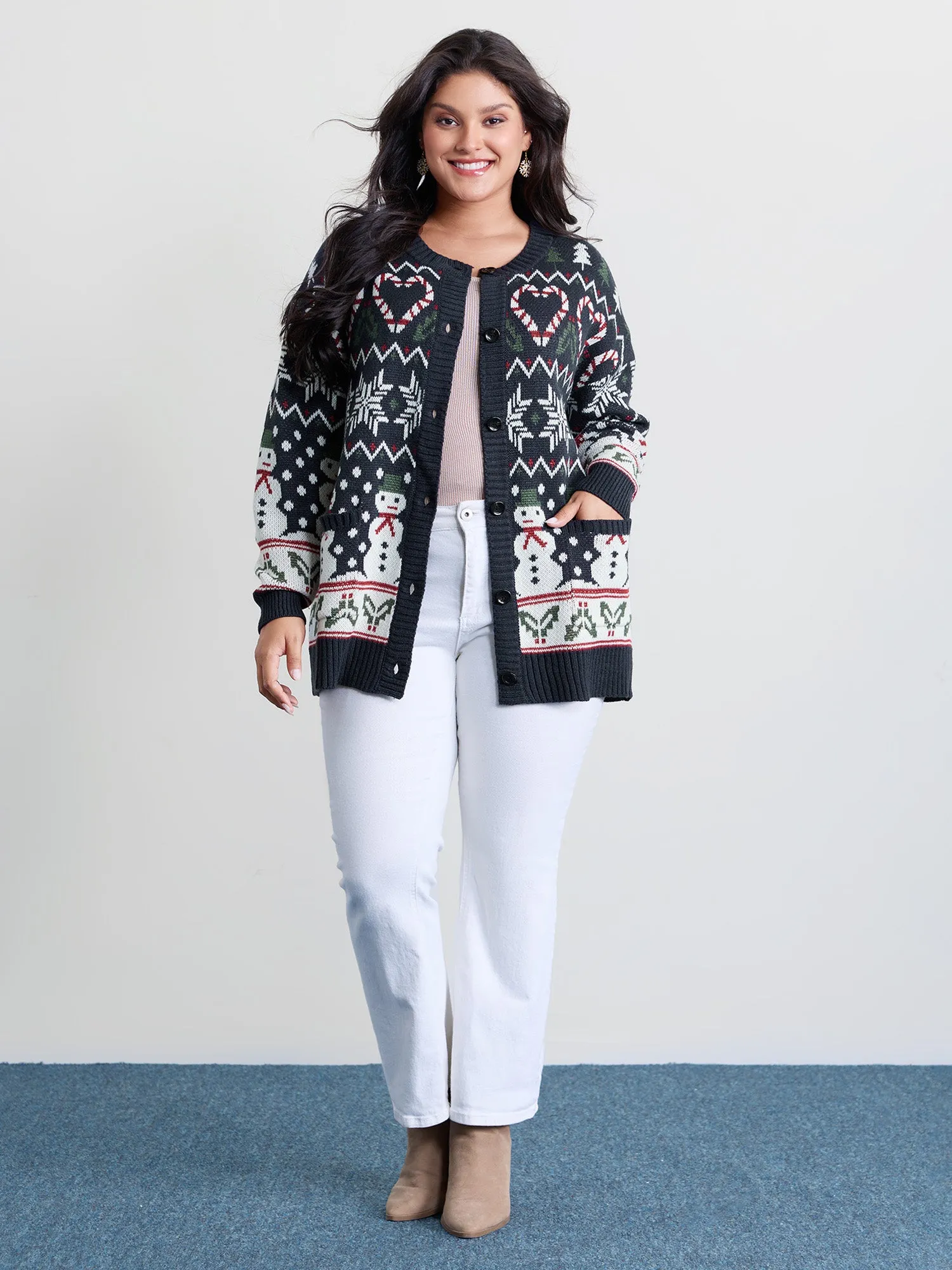 Snowman Holiday Jacquard Pockets Knit Cardigan sold by Bloomchic product image thumbnail 3