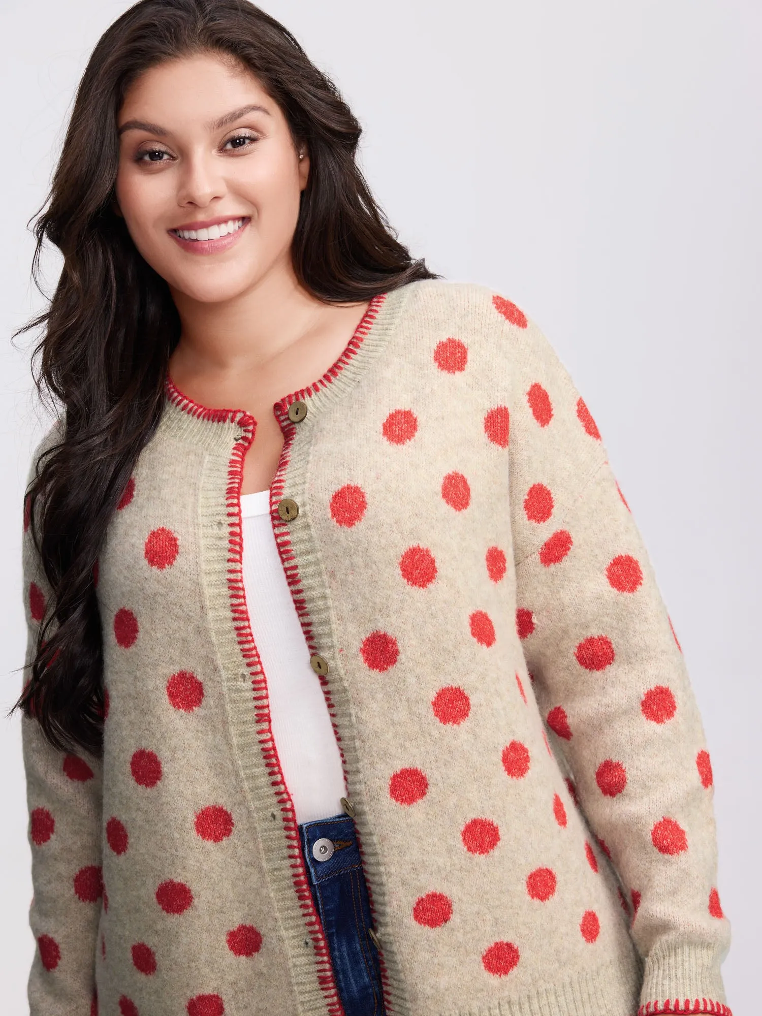 Polka Dots Jacquard Buttons Knit Cardigan sold by Bloomchic