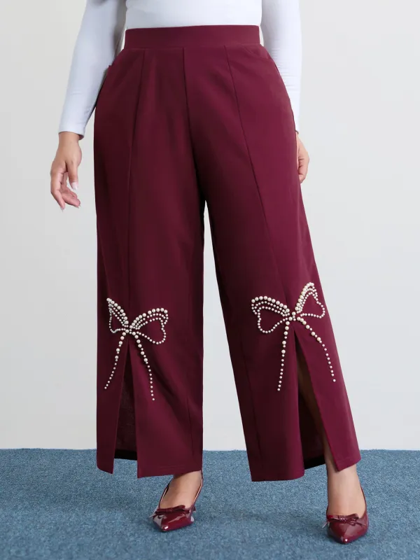 Bowknot Beads Slit Wide Waistband Pants sold by Bloomchic