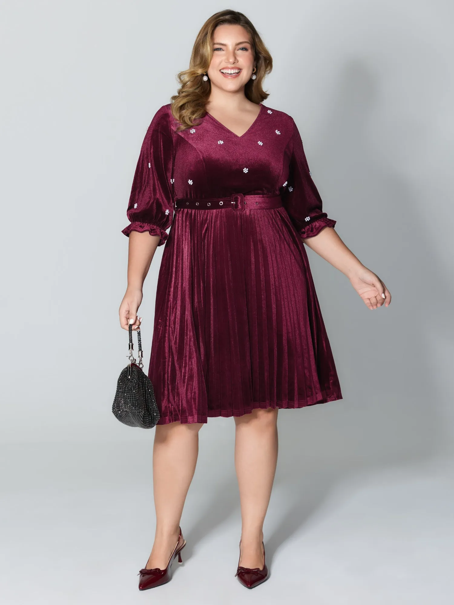Velvet Beads Pleated Skirt Midi Dress sold by Bloomchic product image thumbnail 2
