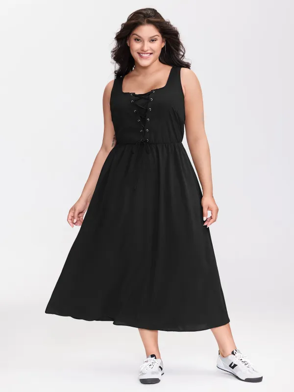 Cross-Tie Textured Solid Midi Dress sold by Bloomchic