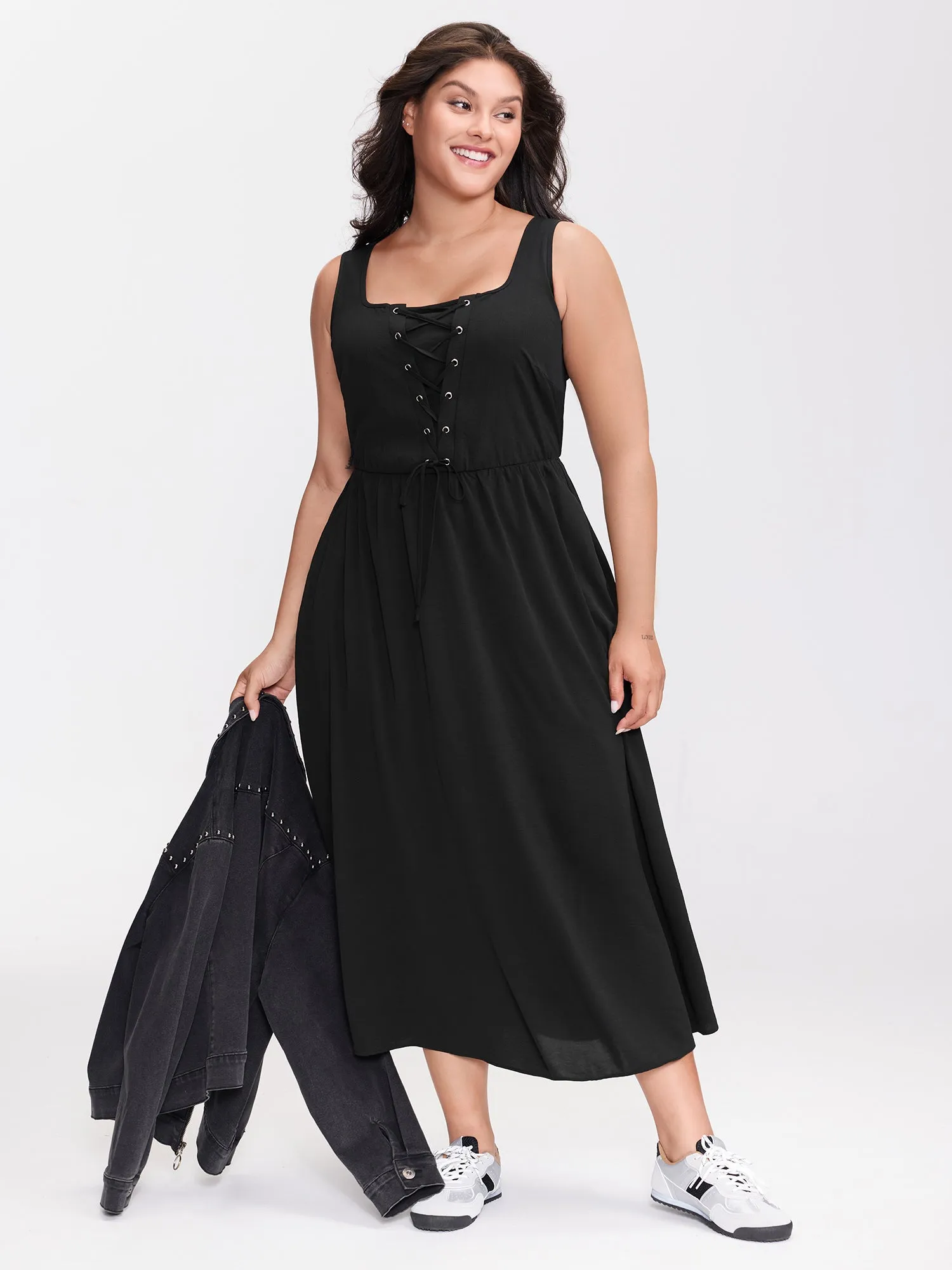Cross-Tie Textured Solid Midi Dress sold by Bloomchic product image thumbnail 3