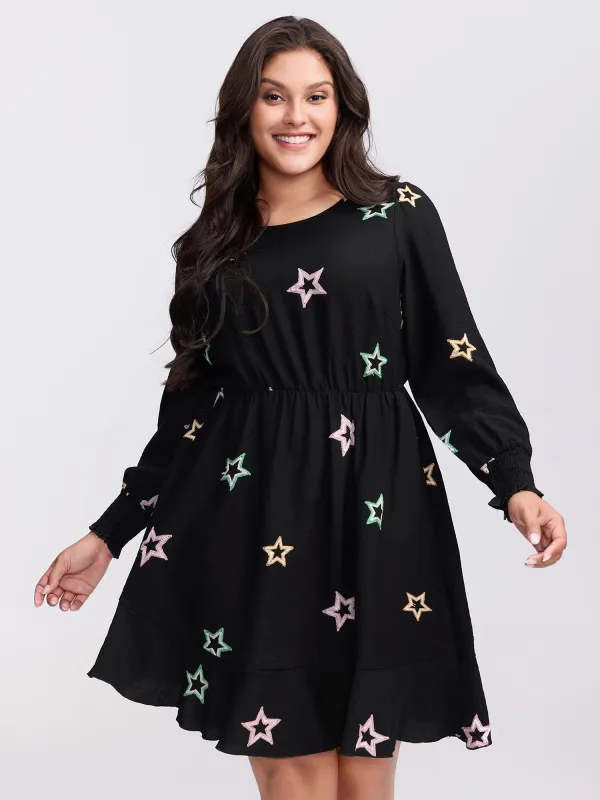Star Embroidery Shirred Cuffs Pockets Knee-Length Dress sold by Bloomchic