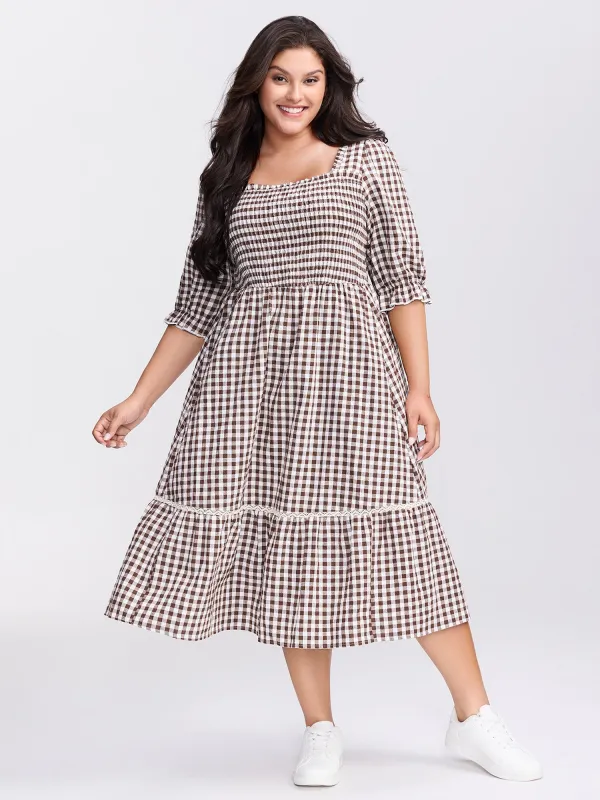 Gingham Lace Shirred Tiered Midi Dress sold by Bloomchic