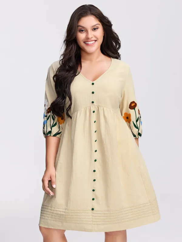 Floral Embroidery Button Front Knee-Length Dress sold by Bloomchic
