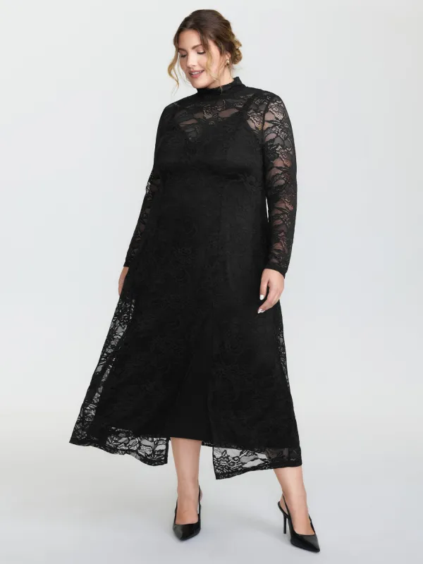 Satin Sheer Two-Piece Lace Maxi Dress sold by Bloomchic