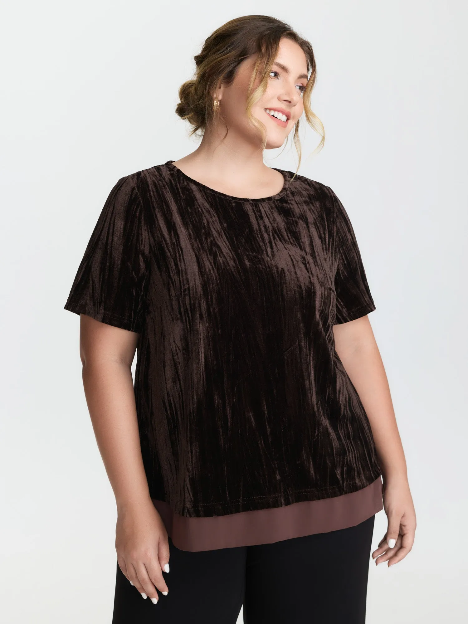 Velvet Contrast Round Neck T-Shirt sold by Bloomchic