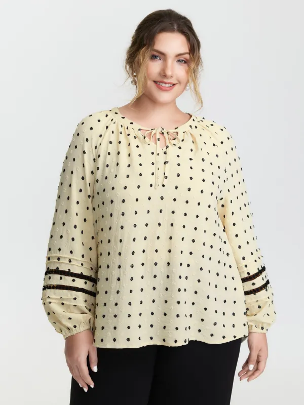 Polka Dots Neckline Tie Lace Blouse sold by Bloomchic