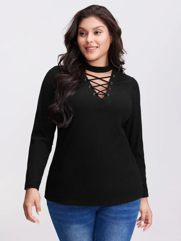 Cross-Lace Sheer Fitted Knit Top sold by Bloomchic