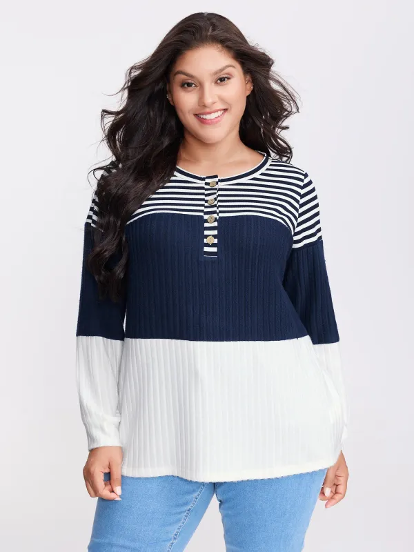 Stripe Ribbed Button Placket T-Shirt sold by Bloomchic