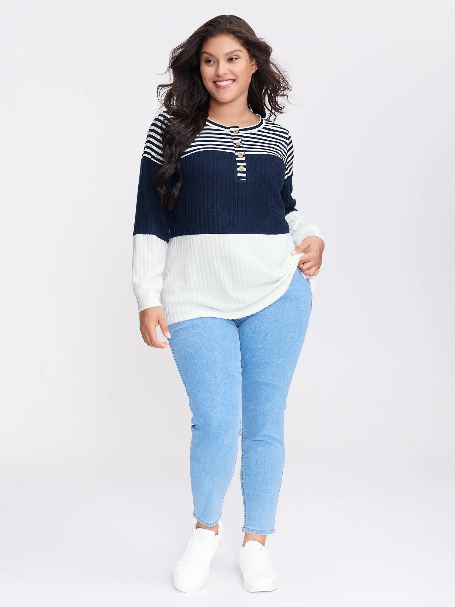 Stripe Ribbed Button Placket T-Shirt sold by Bloomchic product image thumbnail 3