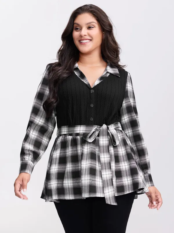 Checkered Faux-Layered Button Detail Blouse sold by Bloomchic