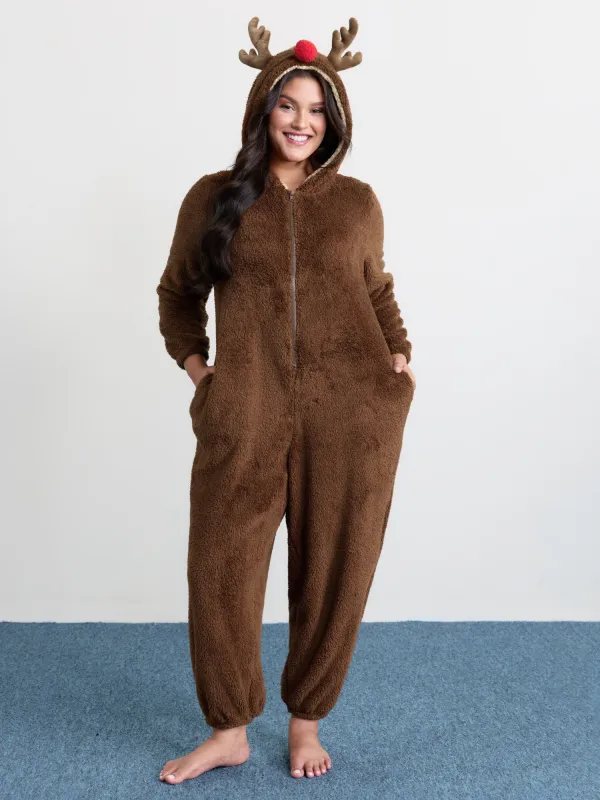 Supersoft Cozy Reindeer Hooded Lounge Jumpsuit made by Bloomchic