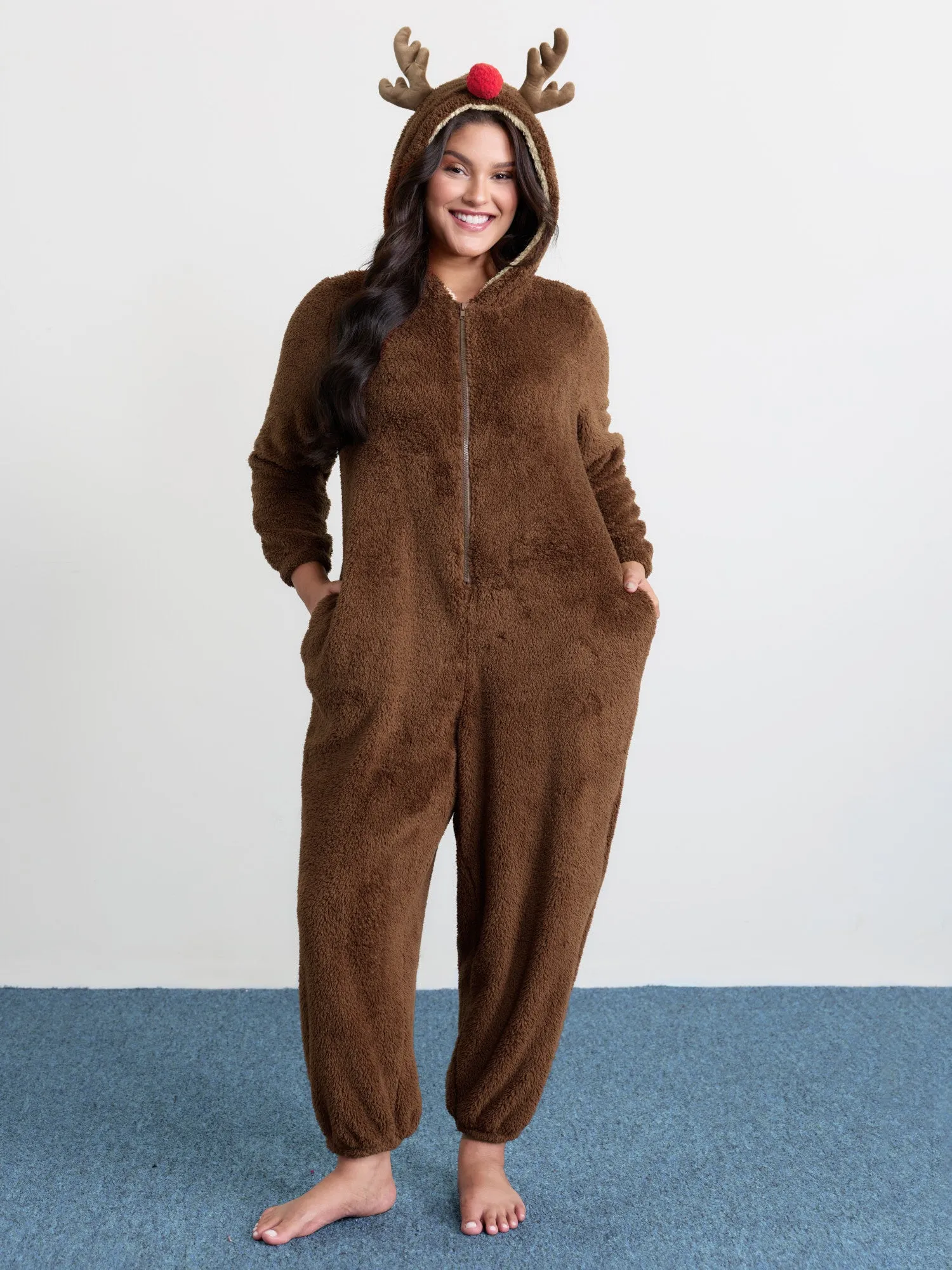 Supersoft Cozy Reindeer Hooded Lounge Jumpsuit sold by Bloomchic