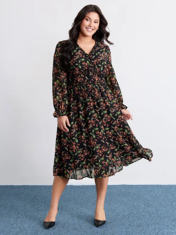 Chiffon Floral Ruffled Trim Pockets Midi Dress sold by Bloomchic