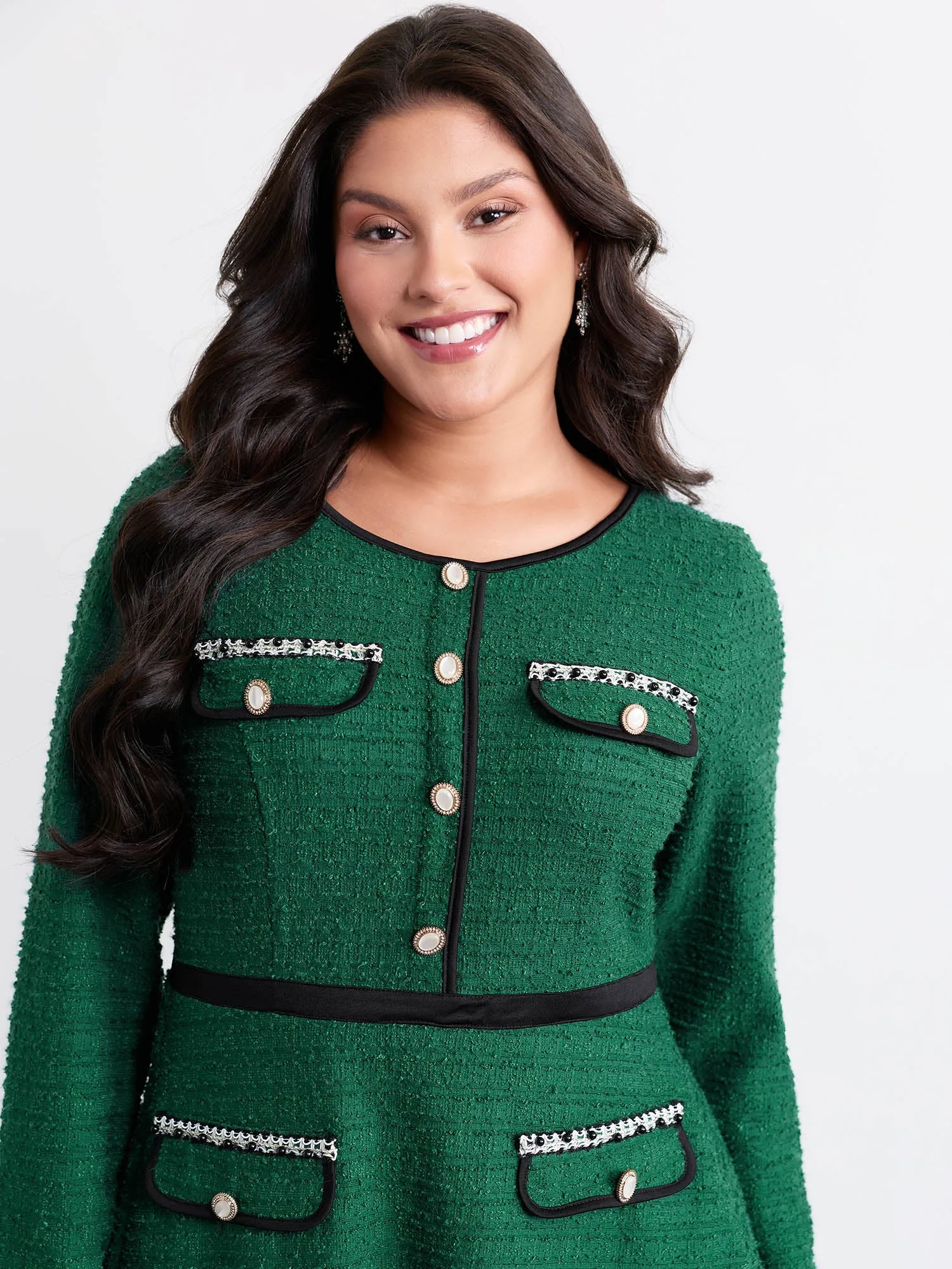 Tweed Stretchy Waist Color Contrast Midi Dress sold by Bloomchic product image thumbnail 2