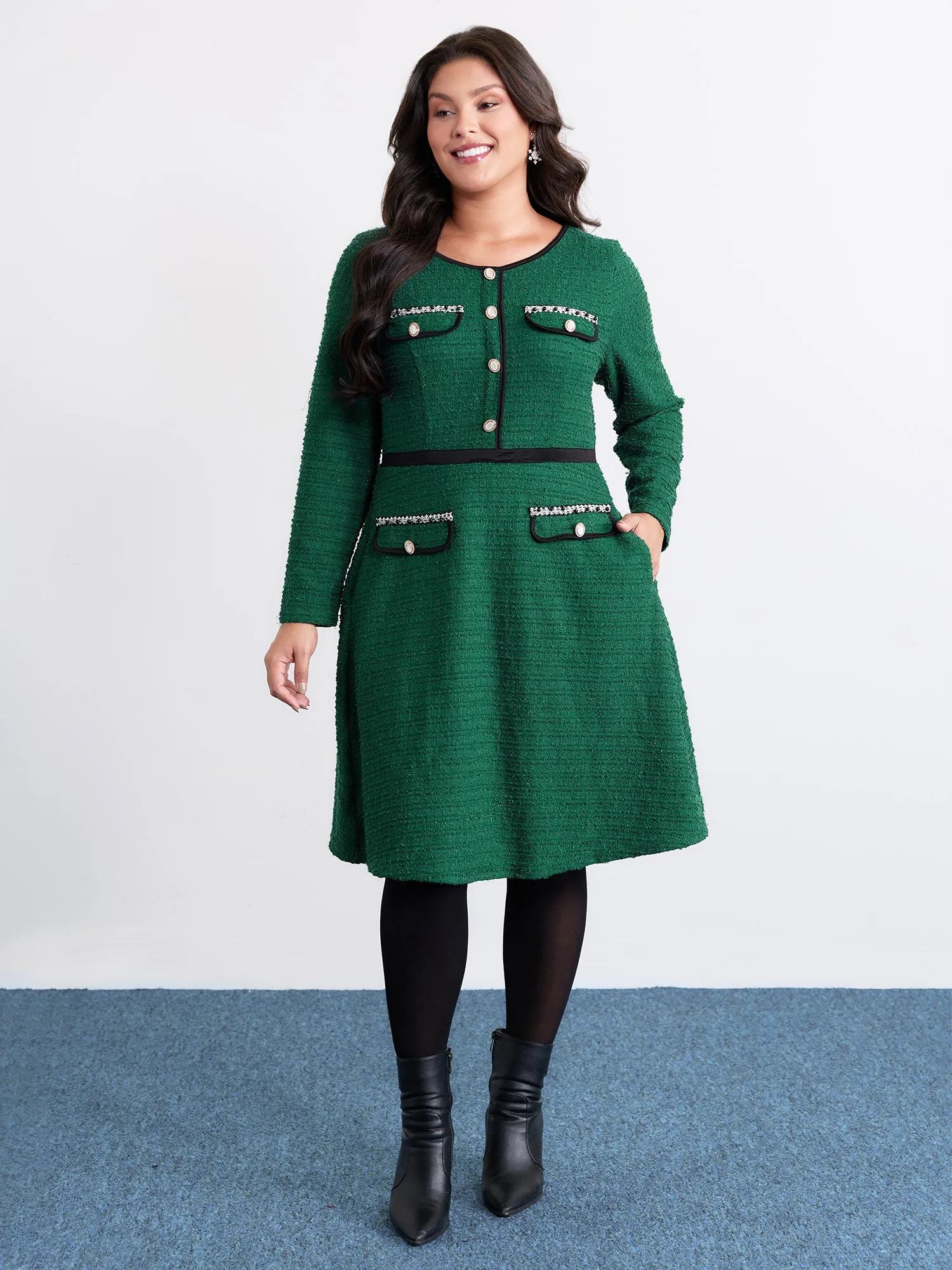 Tweed Stretchy Waist Color Contrast Midi Dress sold by Bloomchic product image thumbnail 4