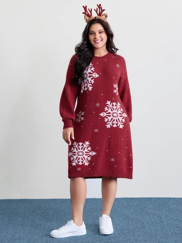 Snowflake Pattern Drop Shoulder Sweater Dress sold by Bloomchic