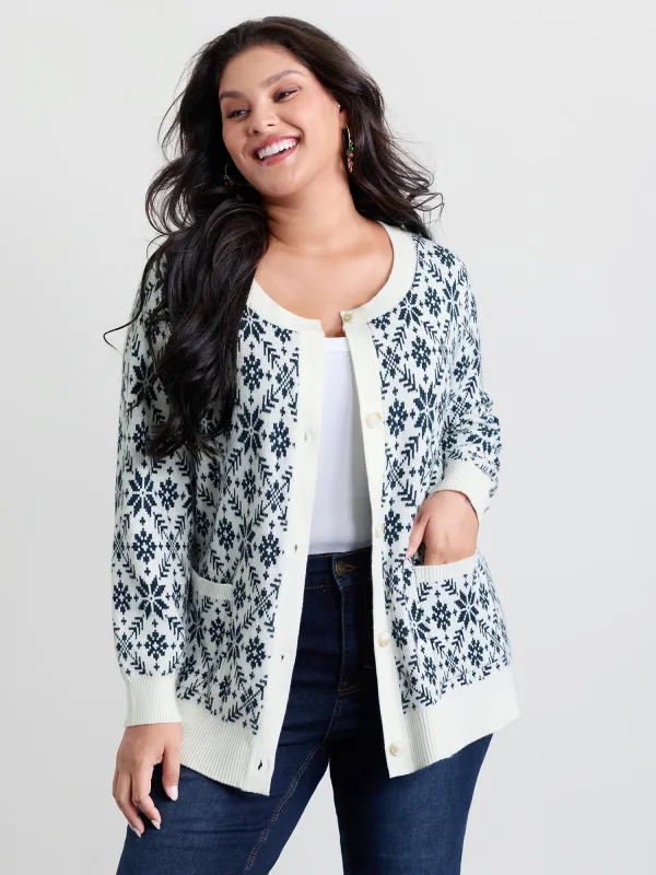 Supersoft Snowflake Jacquard Pattern Pockets Knit Cardigan sold by Bloomchic