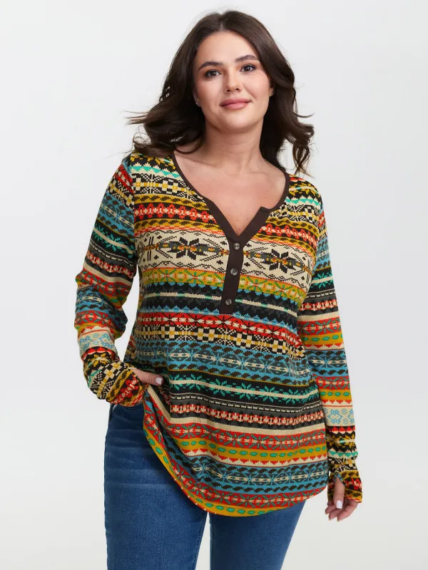 Colorful Stripe Button Placket T-Shirt sold by Bloomchic