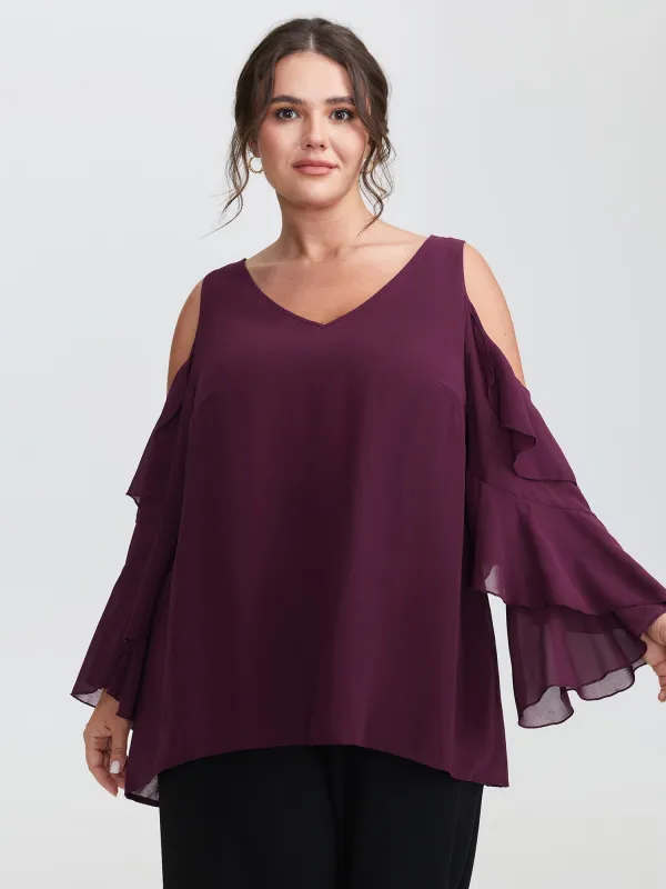 Ruffled Cut-Out Shoulder Flowy Blouse sold by Bloomchic