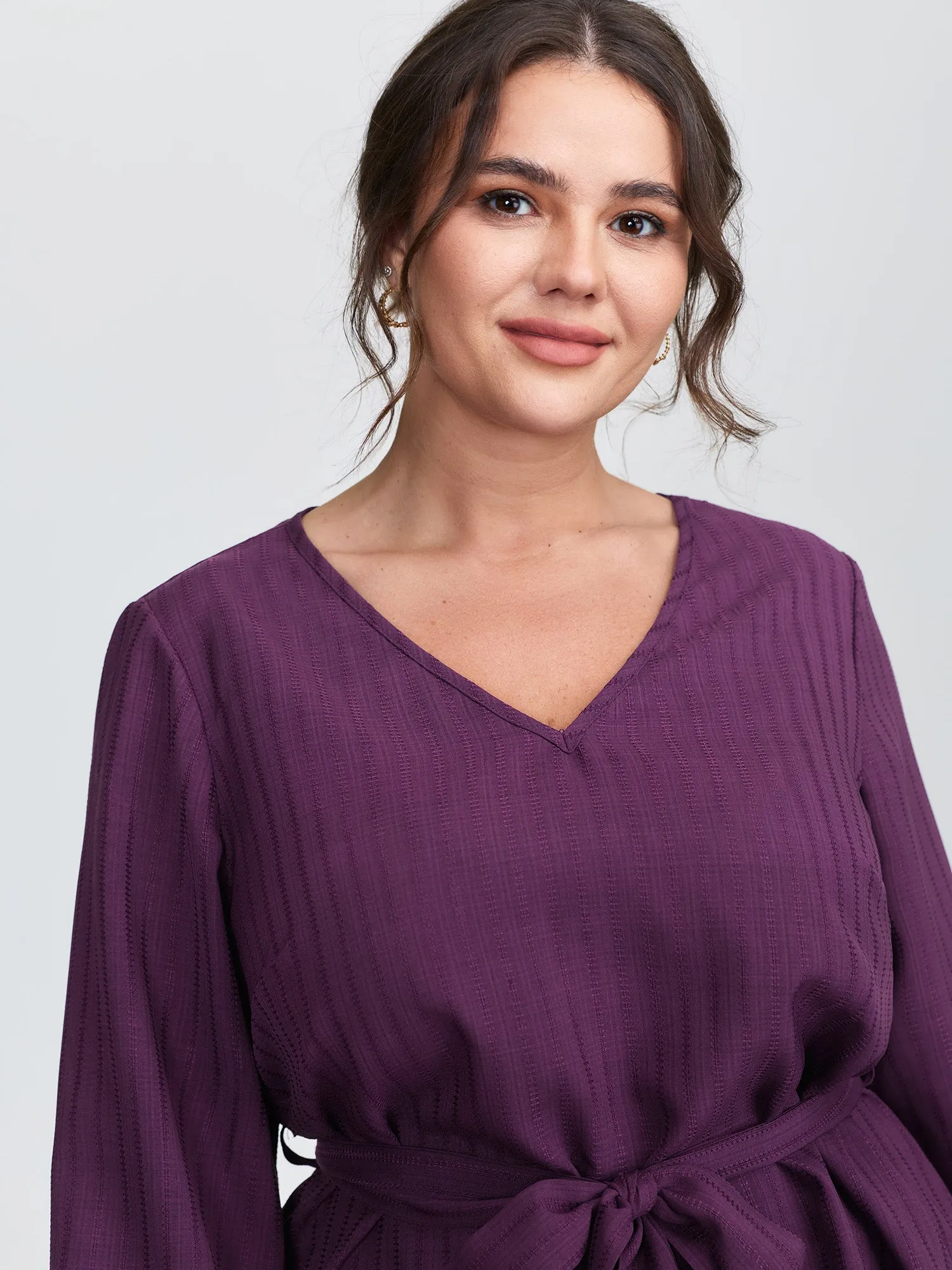 Textured Waist-Tie V-Neck Blouse sold by Bloomchic product image thumbnail 2