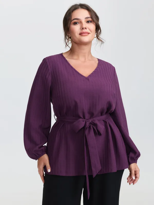 Textured Waist-Tie V-Neck Blouse sold by Bloomchic