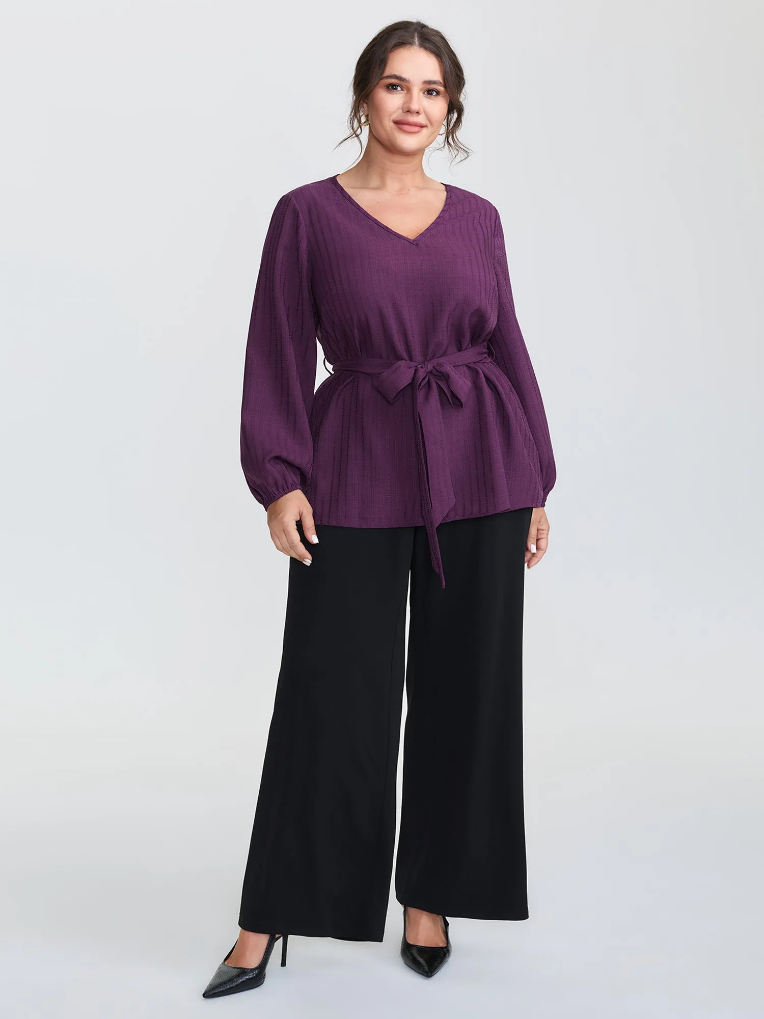 Textured Waist-Tie V-Neck Blouse sold by Bloomchic product image thumbnail 3