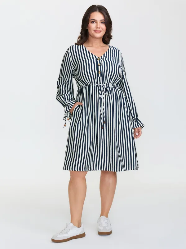 Rayon Stripe Pockets Drawstring Midi Dress sold by Bloomchic