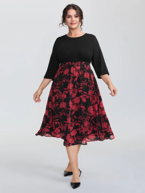 Floral Shirred Waist Color Contrast Midi Dress sold by Bloomchic
