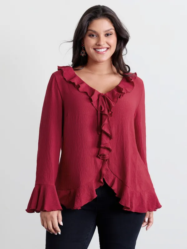 Ruffled V-Neck Curvy Edge Blouse sold by Bloomchic