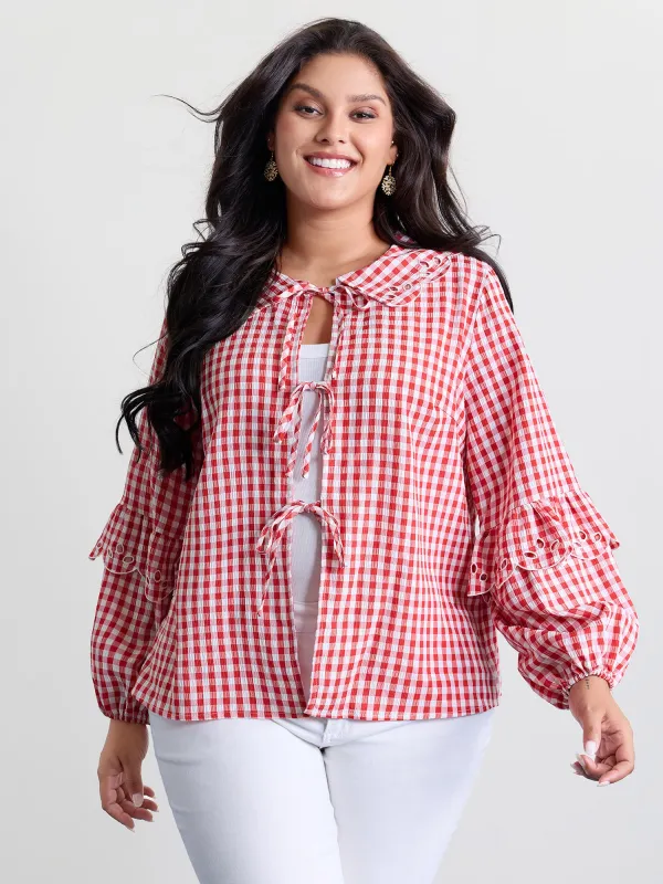Gingham Embroidered Bow Tie Open-Front Shirt sold by Bloomchic