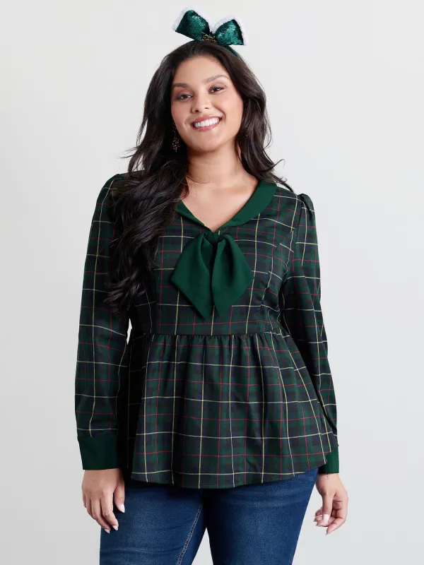 Check Pattern Lapel Tie Blouse sold by Bloomchic