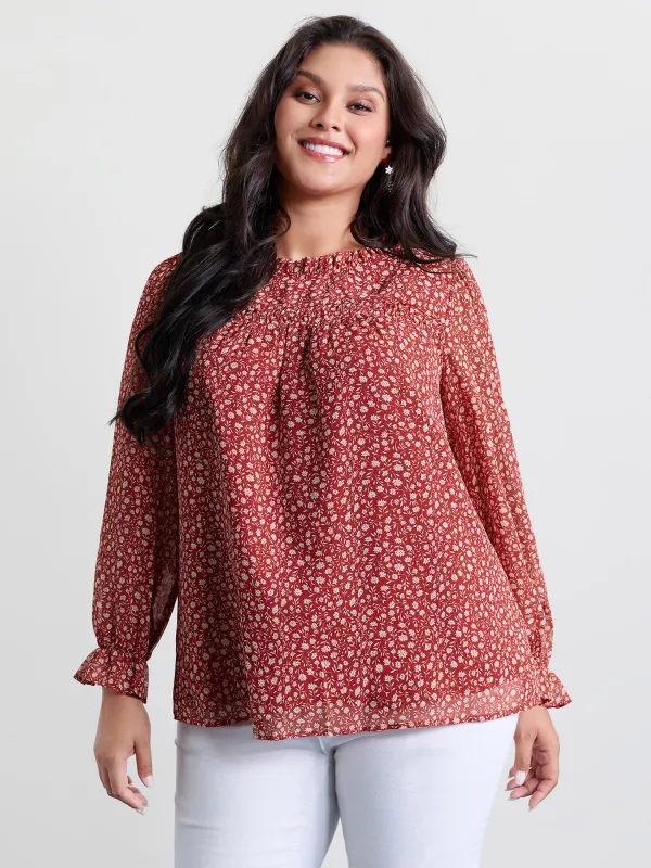 Chiffon Silhouette Flower Ruffled Neck Blouse sold by Bloomchic