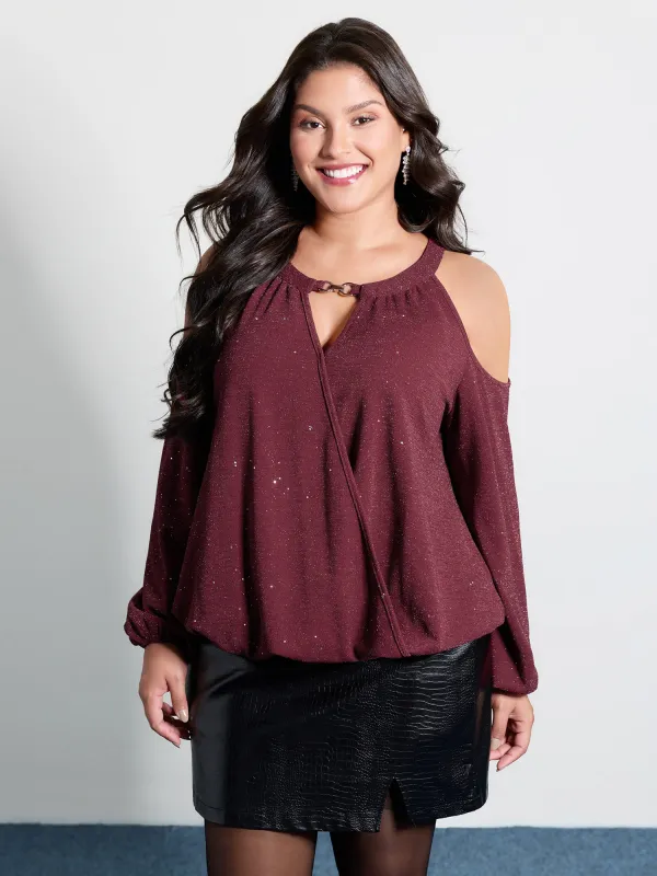 Shimmery Silk Wrap Cut-Out Shoulder Blouse sold by Bloomchic