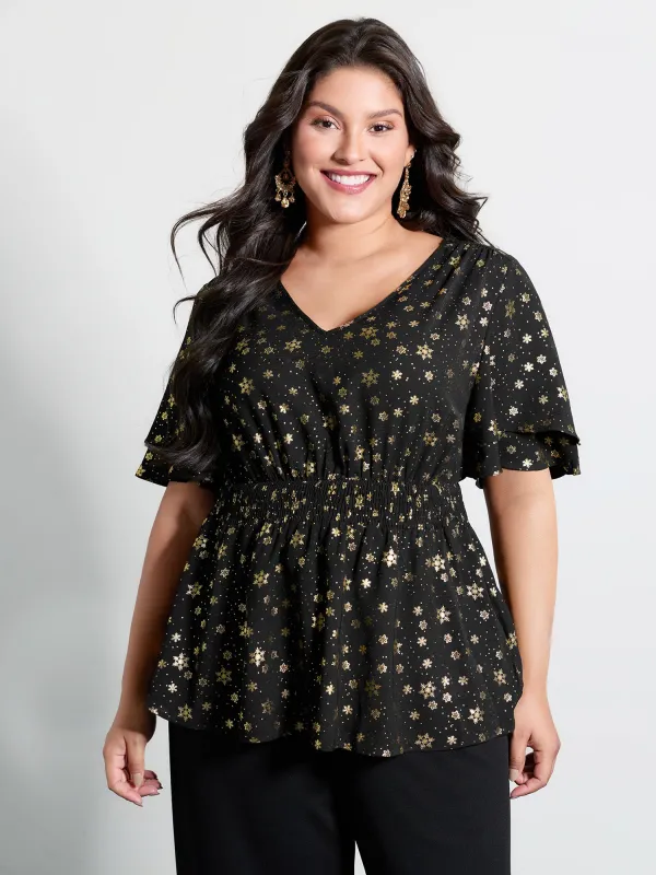 Gold Stamped Layered Ruffled Sleeve Blouse sold by Bloomchic