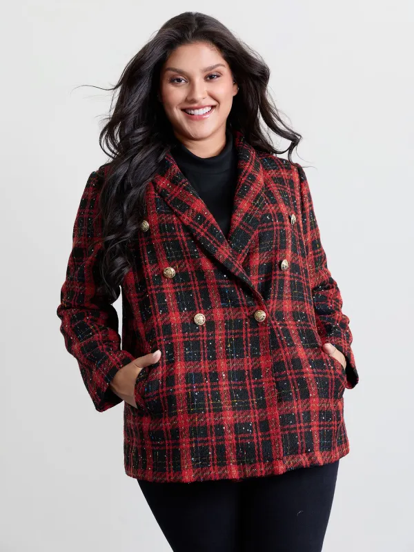 Holiday Plaid Textured Button Blazer sold by Bloomchic