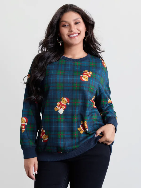 Holiday Bear Plaid Round Neck Sweatshirt made by Bloomchic
