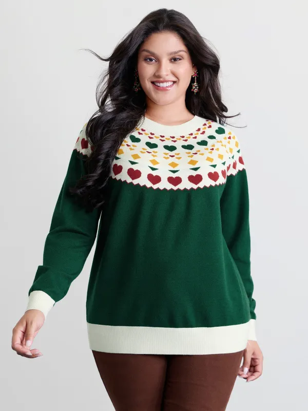 Colorful Heart Jacquard Round Neck Pullover sold by Bloomchic