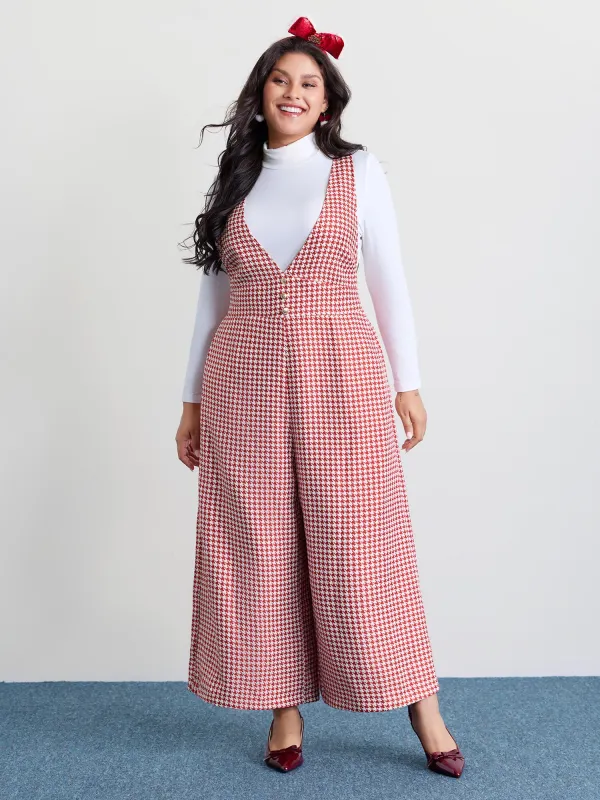 Houndstooth Pattern Stretchy Waist Pockets Jumpsuit sold by Bloomchic