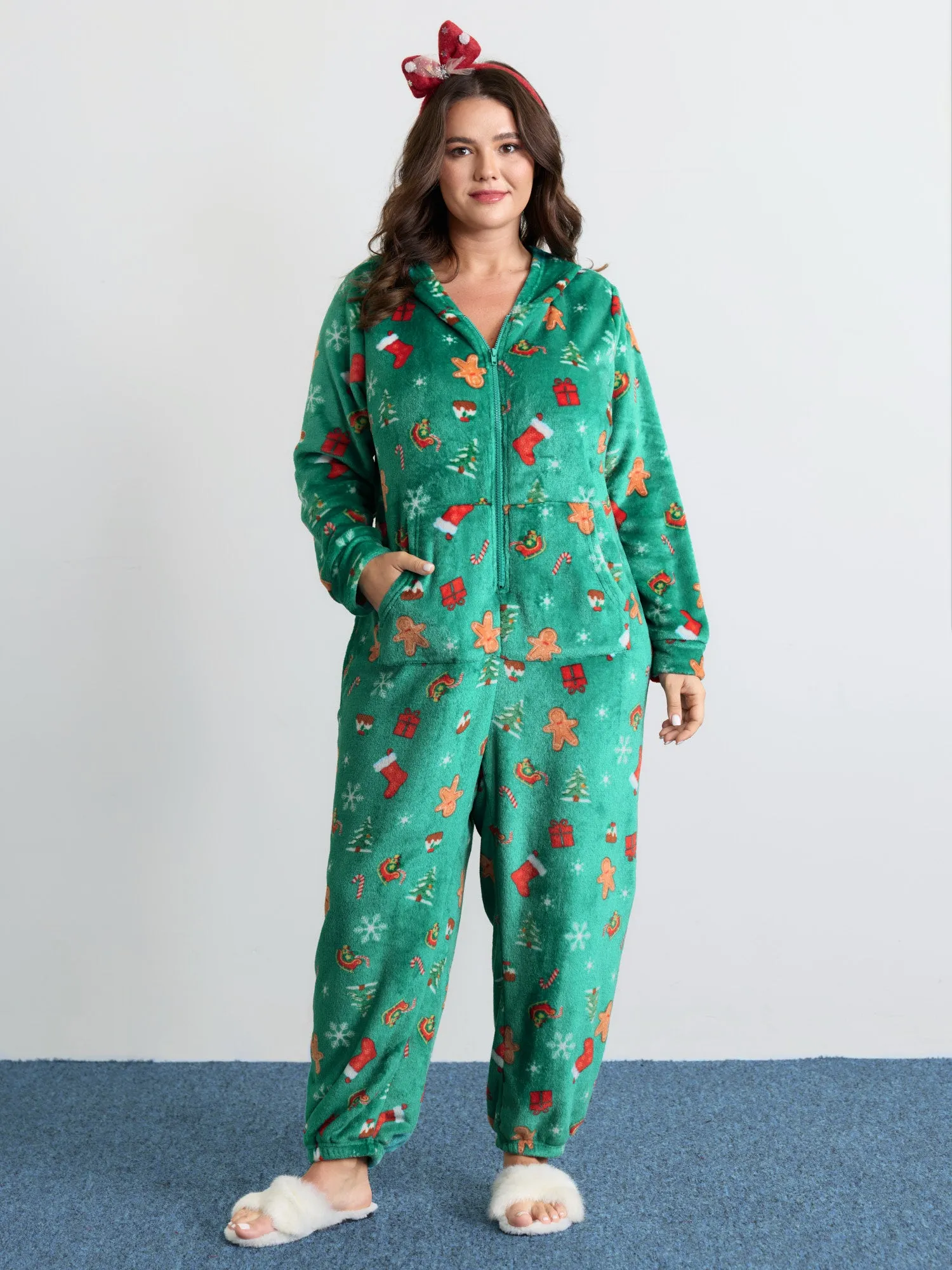 Fleece Holiday Joy Pockets Hooded Pajama Onesie sold by Bloomchic product image thumbnail 3