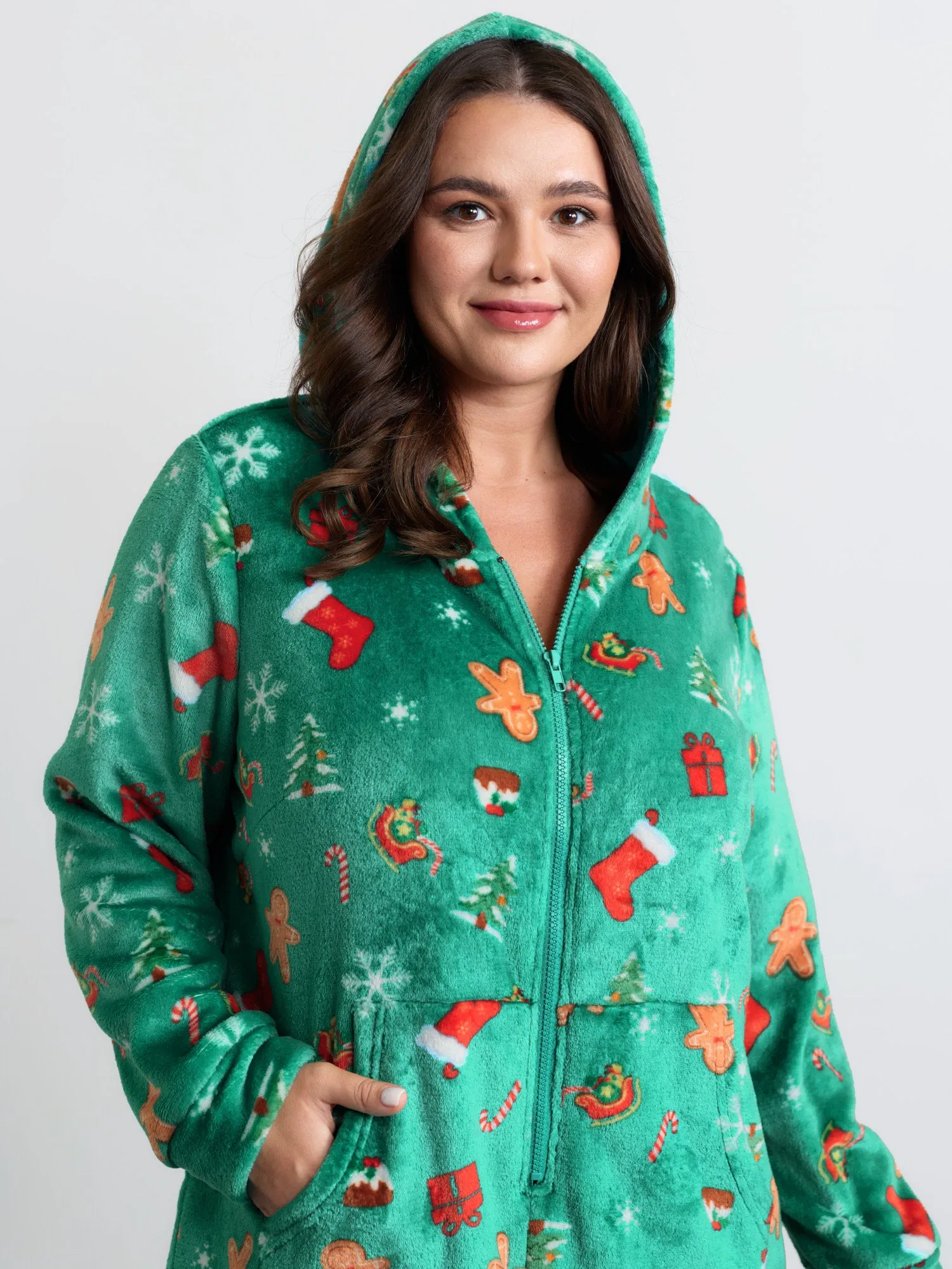 Fleece Holiday Joy Pockets Hooded Pajama Onesie sold by Bloomchic product image thumbnail 2