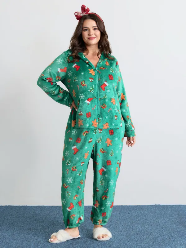 Fleece Holiday Pattern Pockets Hooded Sleep Jumpsuit sold by Bloomchic
