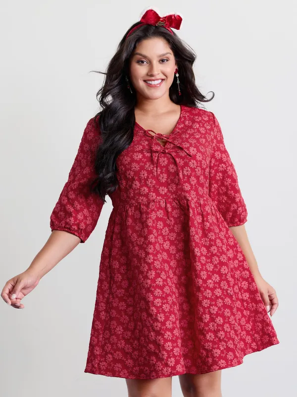 Bowknot Jacquard Stretchy Waist Knee-Length Dress sold by Bloomchic