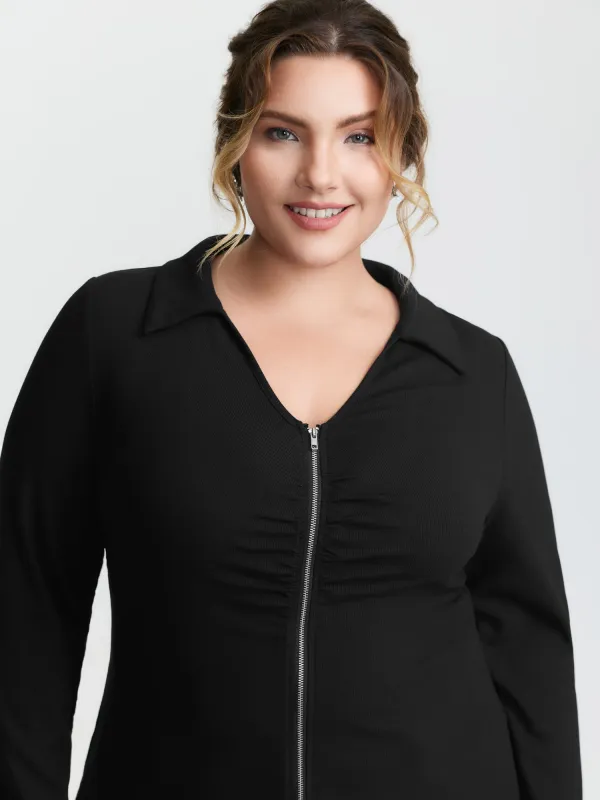 Ribbed Ruched Two-Way Zipper Knit Top sold by Bloomchic