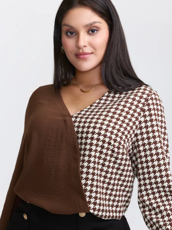 Checkered Contrast Button V-Neck Blouse sold by Bloomchic