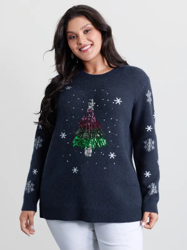 Stretchy Holiday Tree Sequin Embroidery Pullover sold by Bloomchic