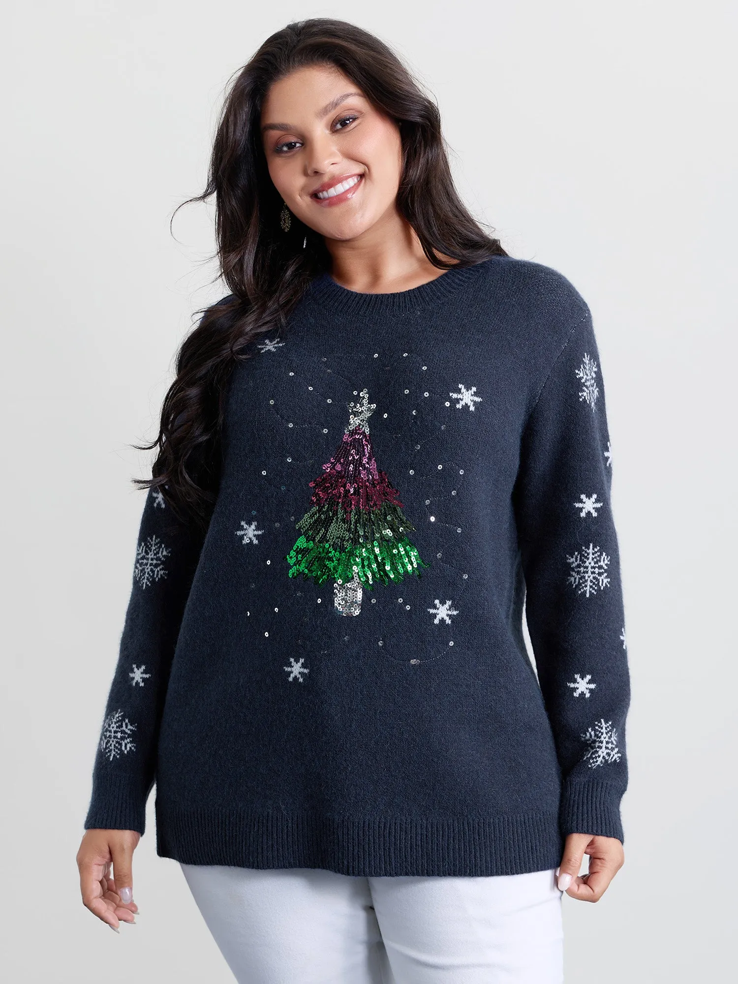 Stretchy Holiday Tree Sequin Embroidery Pullover sold by Bloomchic