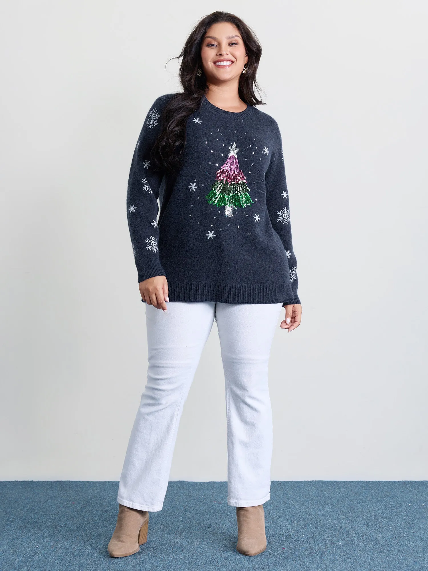 Stretchy Holiday Tree Sequin Embroidery Pullover sold by Bloomchic product image thumbnail 3