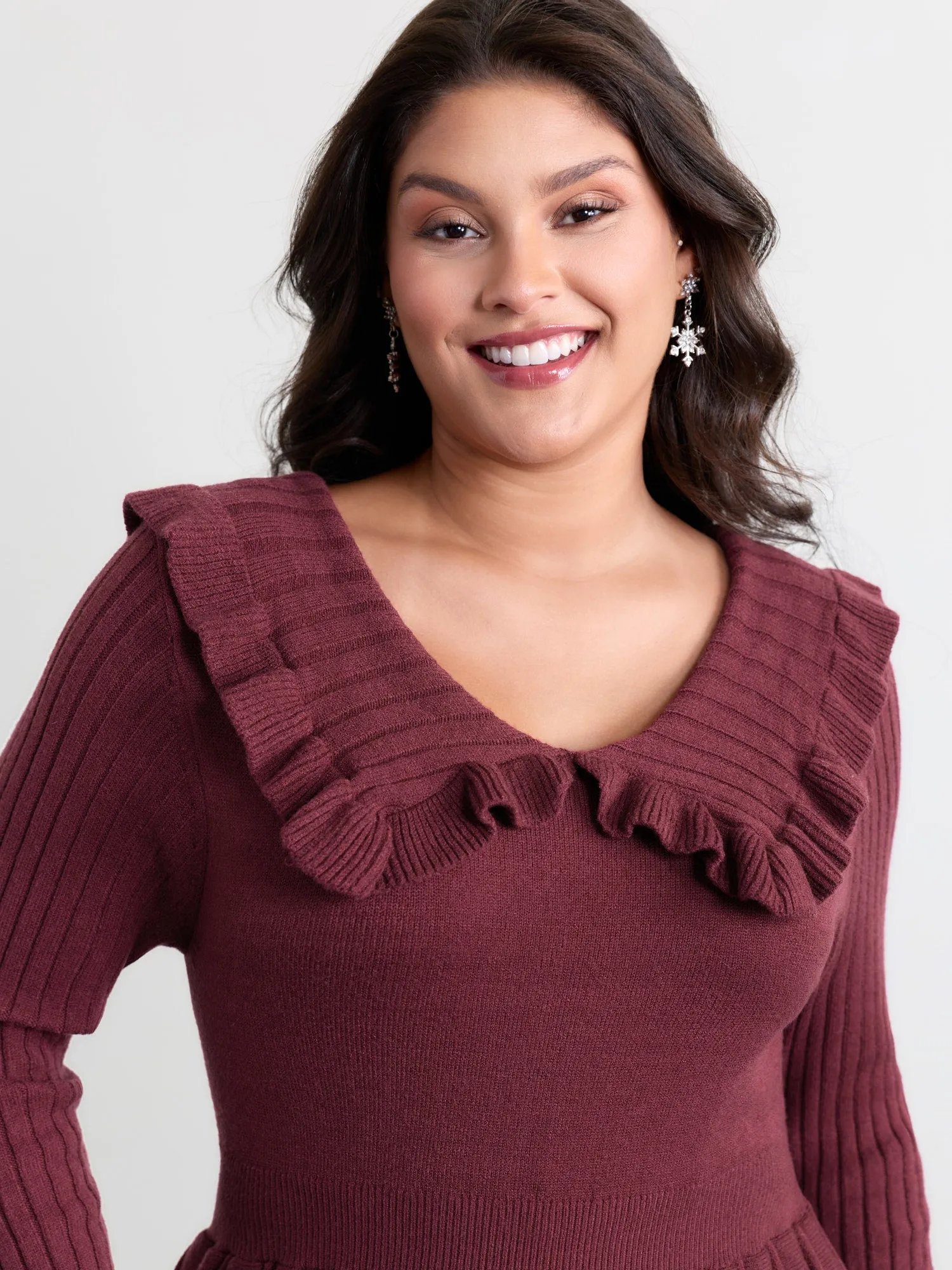 Supersoft Ruffled Neckline Cinched-Waist Sweater Dress sold by Bloomchic product image thumbnail 2